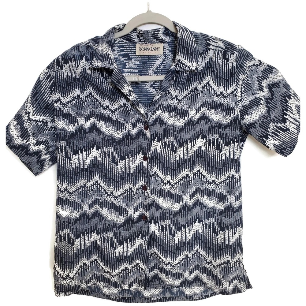 Donkenny Shirt Mens Large Navy White Geometric Button Up Short Sleeve‎ Retro